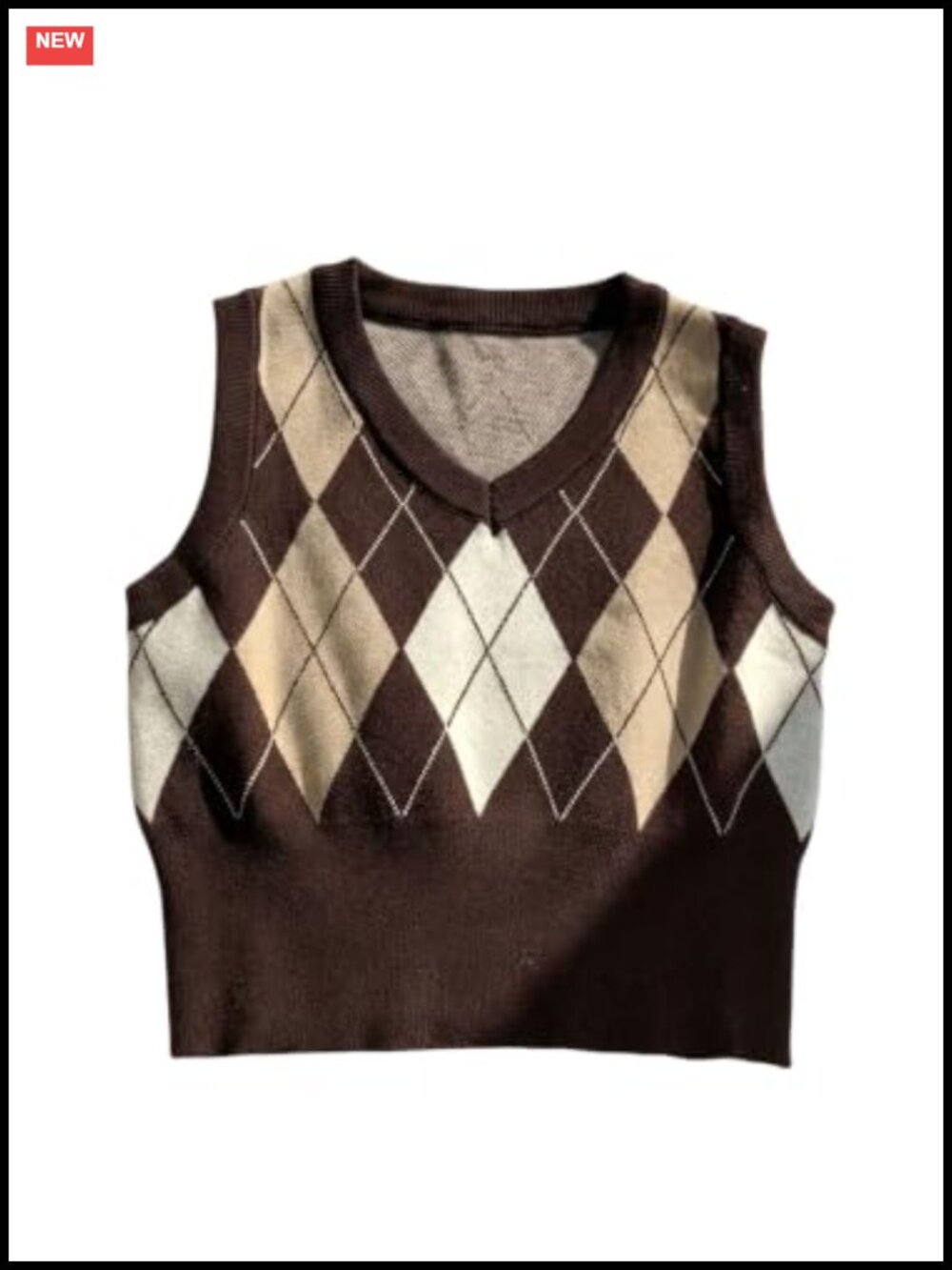 Sleeveless Knit Argyle Plaid V Neck Sweater Vest Crop Top